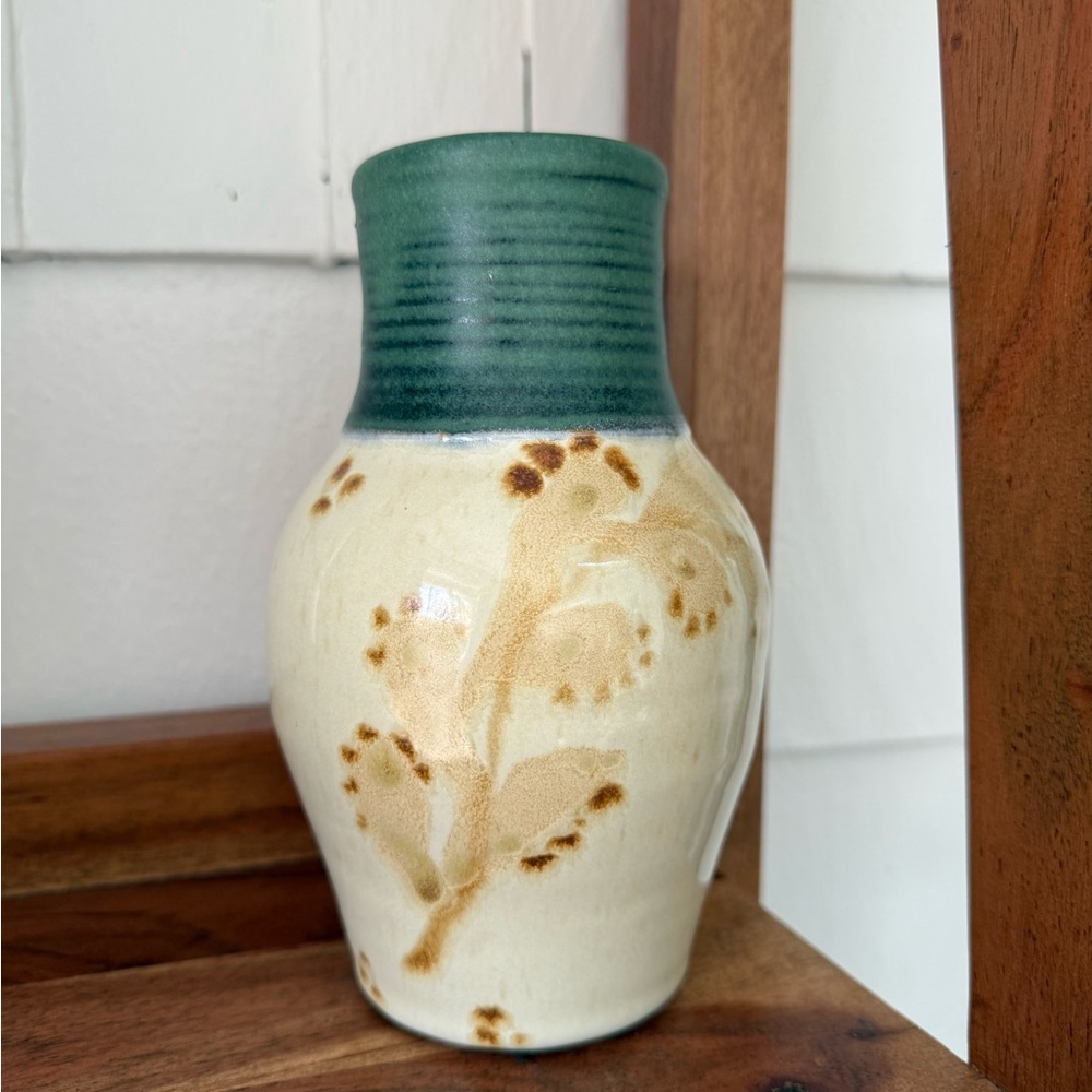 Handcrafted Ceramic Vase with Green and Cream floral Design studio pottery